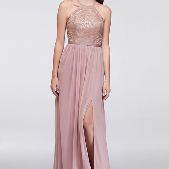 David's Bridal Rose Gold Metallic Open-Back Lace Long Bridesmaid Dress Size 8 - Picture 2 of 14